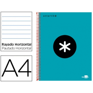 Liderpapel Antartik KD03 - Bloc espiral, tamaño A4, tapa forrada, 120 hojas de 100 gr, rayado horizontal, sin margen, microperforado, 4 taladros, color turquesa