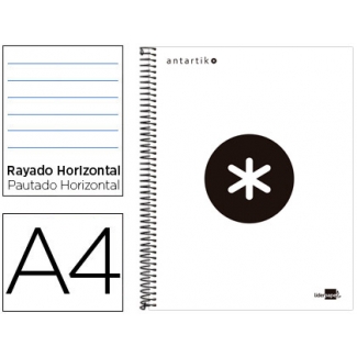 Liderpapel Antartik KD09 - Bloc espiral, tamaño A4, tapa forrada, 120 hojas de 100 gr, rayado horizontal, sin margen, microperforado, 4 taladros, color blanco