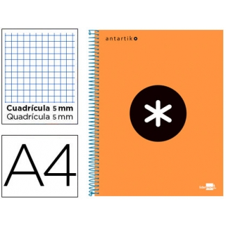 Liderpapel Antartik KD26 - Bloc espiral, tamaño A4, tapa forrada, 120 hojas de 100 gr, cuadrícula de 5 mm, sin margen, microperforado, 4 taladros, color naranja fluorescente