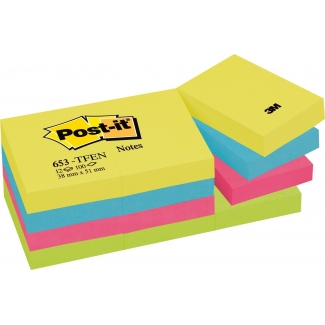 Post-it 653-TFEN - Bloc de notas adhesivas, 38 x 51 mm, colores energía (amarillo, amarillo neón, celeste, naranja, rosa y verde), pack de 12 blocs de 100 hojas