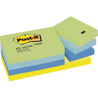 Post-it 653-MTDR - Bloc de notas adhesivas, 38 x 51 mm, colores ultra intenso (amarillo, azul, celeste, turquesa, verde y verde neón), pack de 12 blocs de 100 hojas