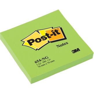 Post-it 654-N - Bloc de notas adhesivas recicladas, 76 x 76 mm, color verde neón, bloc de 100 hojas