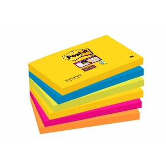 Post-it Super Sticky 655-6SS-RIO-EU - Bloc de notas adhesivas, 76 x 127 mm, colores Río de janeiro (amarillo, azul mediterráneo, naranja neón, rosa fucsia y verde neón), pack de 6 blocs de 90 hojas