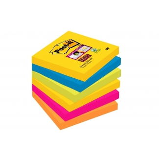 Post-it Super Sticky 654-6SS-RIO-EU - Bloc de notas adhesivas, 76 x 76 mm, colores Río de janeiro (amarillo, azul mediterráneo, naranja neón, rosa fucsia y verde neón), pack de 6 blocs de 90 hojas