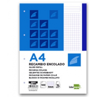 Liderpapel BR01 - Recambio para carpeta de anillas, tamaño A4, 100 hojas de 70 gr, 4 taladros, cuadrícula de 5 mm, con banda de color azul