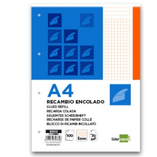 Liderpapel BR03 - Recambio para carpeta de anillas, tamaño A4, 100 hojas de 70 gr, 4 taladros, cuadrícula de 5 mm, con banda de color naranja