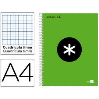 Liderpapel Antartik KD28 - Bloc espiral, tamaño A4, tapa forrada, 120 hojas de 100 gr, cuadrícula de 5 mm, sin margen, microperforado, 4 taladros, color verde fluorescente