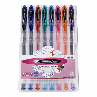 Uni-Ball Signo UM1208C00 - Bolígrafo de tinta de gel, punta redonda de 0,7 mm, estuche de 8 colores básicos