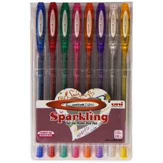 Uni-Ball Signo UM1208CSP - Bolígrafo de tinta de gel, punta redonda de 0,7 mm, estuche de 8 colores purpurina