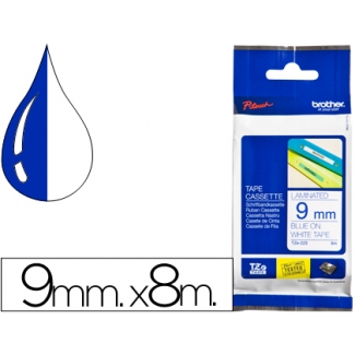 Brother TZE-223 - Cinta para rotuladora, laminada, 9 mm x 8 mt, impresión azul sobre fondo blanco
