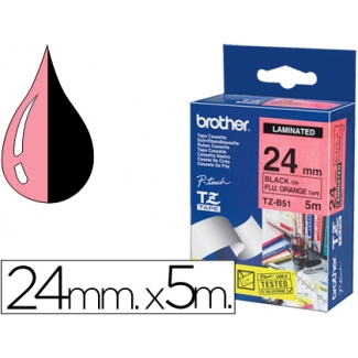 Brother TZE-B51 - Cinta para rotuladora, laminada, 24 mm x 5 mt, impresión negra sobre fondo naranja fluorescente