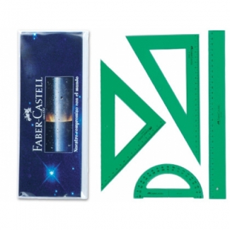 Faber-Castell 65021 - Juegos de 4 piezas de plástico (regla, escuadra, cartabón y transportador de ángulos), verde