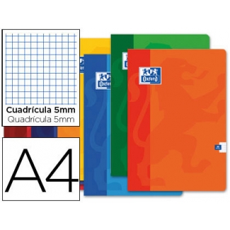 Oxford - Libreta grapada, tamaño A4, tapa blanda, 48 hojas de 90 gr, cuadrícula de 5 mm, con margen, colores surtidos