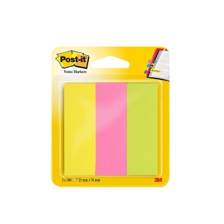 Post-it 671/3 - Banderitas separadoras adhesivas, 25 x 76 mm, colores amarillo, rosa y verde lima, pack de 3 colores surtidos, blocs de 100 hojas