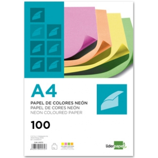 Liderpapel PC45 - Papel de color, A4, 75 gramos, 4 colores surtidos neón, paquete de 100 hojas, 25 hojas por color