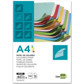 Liderpapel PC52 - Papel de color, A4, 80 gramos, 10 colores surtidos, paquete de 100 hojas, 10 hojas por color