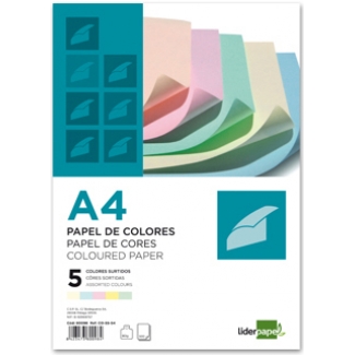 Liderpapel PC12 - Papel de color, A4, 80 gramos, 5 colores surtidos, paquete de 500 hojas, 100 hojas por color