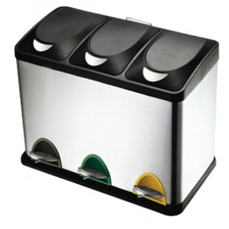 Q-Connect KF16550 - Papelera metálica, con tapa y pedal, 3 compartimentos de 15 litros cada uno, acero inoxidable