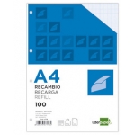 Liderpapel RA04 - Recambio para carpeta de anillas, tamaño A4, 100 hojas de 100 gr, 4 taladros, cuadrícula de 2 mm, con margen
