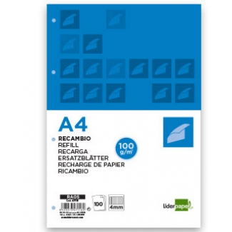 Liderpapel RA05 - Recambio para carpeta de anillas, tamaño A4, 100 hojas de 100 gr, 4 taladros, cuadrícula de 4 mm, con margen