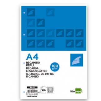 Liderpapel RA01 - Recambio para carpeta de anillas, tamaño A4, 100 hojas de 100 gr, 4 taladros, cuadrícula de 5 mm, con margen