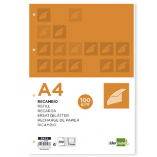 Liderpapel RA02 - Recambio para carpeta de anillas, tamaño A4, 100 hojas de 100 gr, 4 taladros, rayado horizontal, con margen