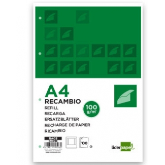 Liderpapel RA03 - Recambio para carpeta de anillas, tamaño A4, 100 hojas de 100 gr, 4 taladros, liso, con doble margen
