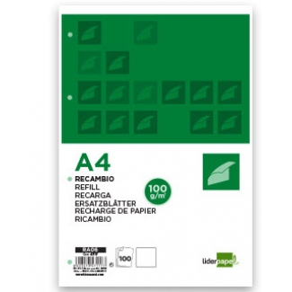 Liderpapel RA06 - Recambio para carpeta de anillas, tamaño A4, 100 hojas de 100 gr, 4 taladros, liso, sin margen