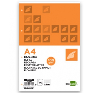 Liderpapel RA07 - Recambio para carpeta de anillas, tamaño A4, 100 hojas de 100 gr, 4 taladros, pauta 5ª de 2,5 mm, con margen
