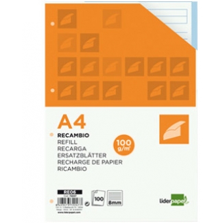 Liderpapel RE06 - Recambio para carpeta de anillas, tamaño A4, 100 hojas de 100 gr, 4 taladros, rayado horizontal, con margen, bandas de 5 colores