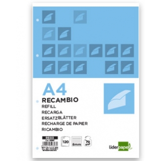 Liderpapel RE03 - Recambio para carpeta de anillas, tamaño A4, 120 hojas de 70 gr, 4 taladros, rayado horizontal, sin margen, con bandas de 5 colores