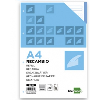 Liderpapel RE01 - Recambio para carpeta de anillas, tamaño A4, 120 hojas de 80 gr, 4 taladros, cuadrícula de 5 mm, sin margen, con bandas de 5 colores