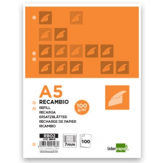 Liderpapel RB02 - Recambio para carpeta de anillas, tamaño A5, 100 hojas de 100 gr, 6 taladros, rayado horizontal, con margen