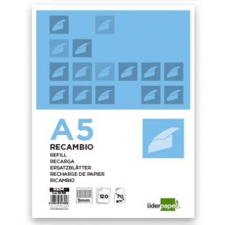 Recambio Liderpapel tamaño A5 120 hojas 70 gr/m2 cuadrícula de 5 mm sin margen 6 taladros bandas de 5 colores