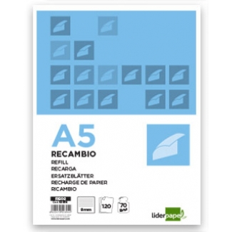 Liderpapel RE02 - Recambio para carpeta de anillas, tamaño A5, 120 hojas de 70 gr, 6 taladros, rayado horizontal, sin margen, bandas de 5 colores