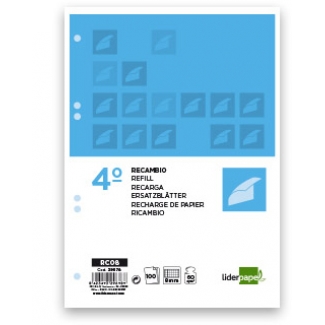 Liderpapel RC08 - Recambio para carpeta de anillas, tamaño cuarto, 100 hojas de 60 gr, 6 taladros, cuadrícula de 8 mm, con margen