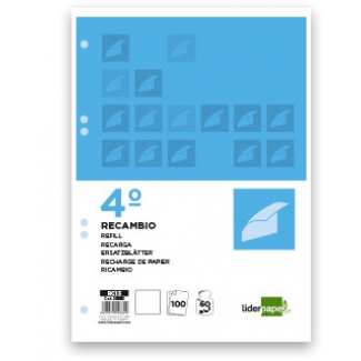 Liderpapel RC13 - Recambio para carpeta de anillas, tamaño cuarto, 100 hojas de 60 gr, 6 taladros, liso, sin margen