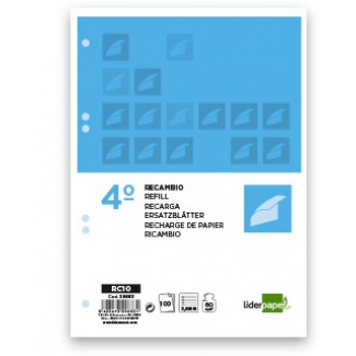 Liderpapel RC10 - Recambio para carpeta de anillas, tamaño cuarto, 100 hojas de 60 gr, 6 taladros, pauta 4ª de 3,5 mm, con margen