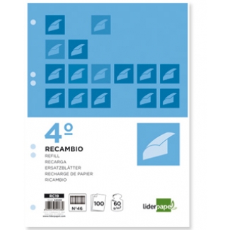 Liderpapel RC19 - Recambio para carpeta de anillas, tamaño cuarto, 100 hojas de 60 gr, 6 taladros, rayado nº 46, con margen