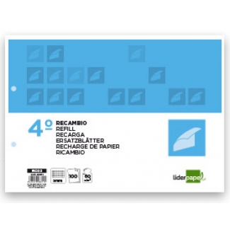 Liderpapel RC05 - Recambio para carpeta de anillas, tamaño cuarto apaisado, 100 hojas de 60 gr, 2 taladros, cuadrícula de 3 mm, con margen