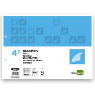 Liderpapel RC04 - Recambio para carpeta de anillas, tamaño cuarto apaisado, 100 hojas de 60 gr, 2 taladros, cuadrícula de 8 mm, con margen