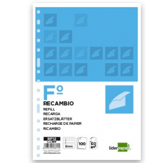 Liderpapel RF12 - Recambio para carpeta de anillas, tamaño folio, 100 hojas de 60 gr, 16 taladros, rayado horizontal, sin margen