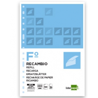 Liderpapel RF14 - Recambio para carpeta de anillas, tamaño folio, 100 hojas de 60 gr, 16 taladros, milimetrado, sin margen