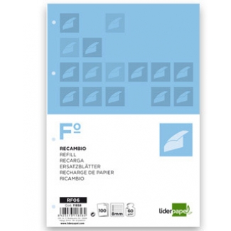 Liderpapel RF06 - Recambio para carpeta de anillas, tamaño folio, 100 hojas de 60 gr, 4 taladros, rayado horizontal, con margen
