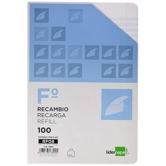 Liderpapel RF08 - Recambio para carpeta de anillas, tamaño folio, 100 hojas de 60 gr, 4 taladros, pauta 5ª de 2,5 mm, con margen