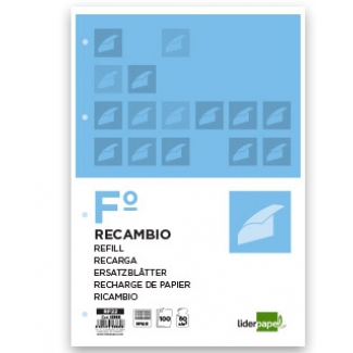 Liderpapel RF22 - Recambio para carpeta de anillas, tamaño folio, 100 hojas de 60 gr, 4 taladros, rayado nº 46, sin margen