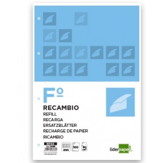 Liderpapel RF03 - Recambio para carpeta de anillas, tamaño folio, 100 hojas de 60 gr, 4 taladros, cuadrícula de 3 mm, con margen