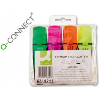 Q-Connect KF16041 - Rotulador fluorescente premium, punta biselada, sujección de caucho, estuche 4 colores surtidos