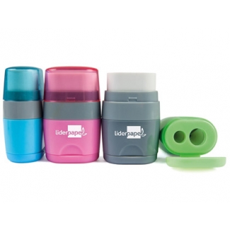 Liderpapel ER11 - Sacapuntas de plástico, con goma de borrar, con depósito, con 2 orificios, colores surtidos