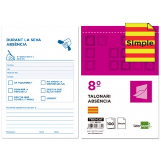 Liderpapel T103-CAT - Talonario absència (ausencia), tamaño 8º, 100 hojas, simple, texto en catalán